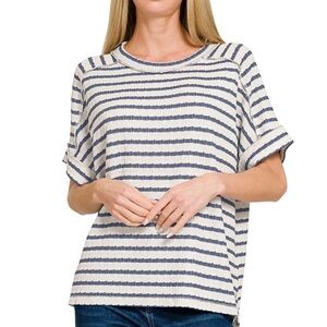 STRIPED SHORT SLEEVE HI-LOW TEE   Zenana